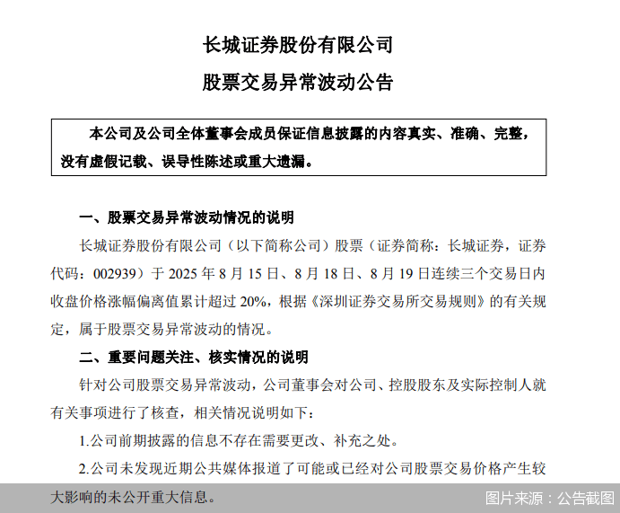 长城证券发布股票交易异常波动公告：没有应披露而未披露事项